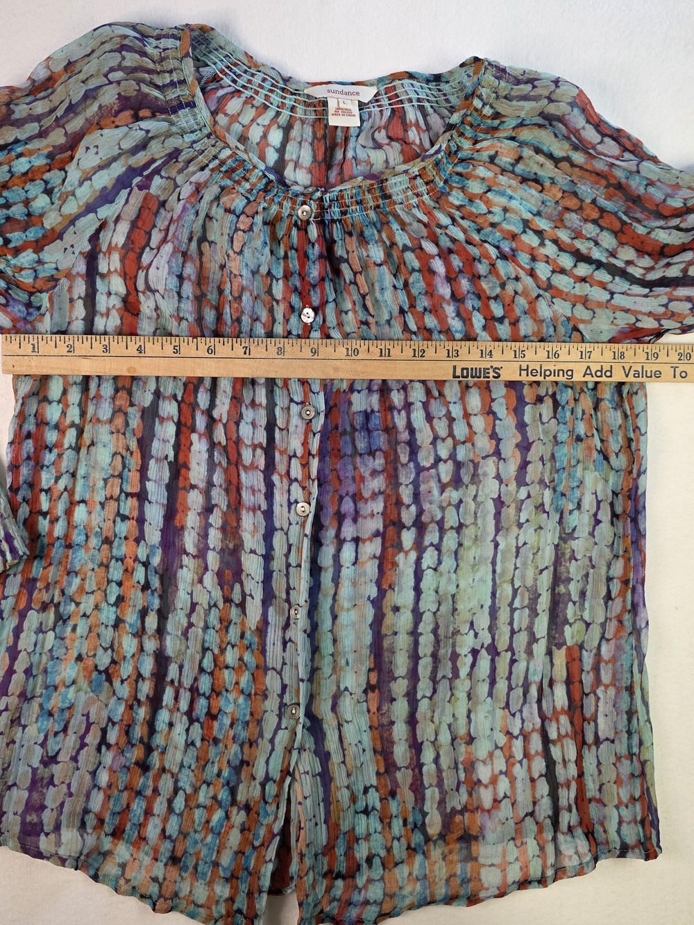 Sundance 100% Silk Watercolor Print Peasant Blouse L Boho Button Sheer - Picture 5 of 8